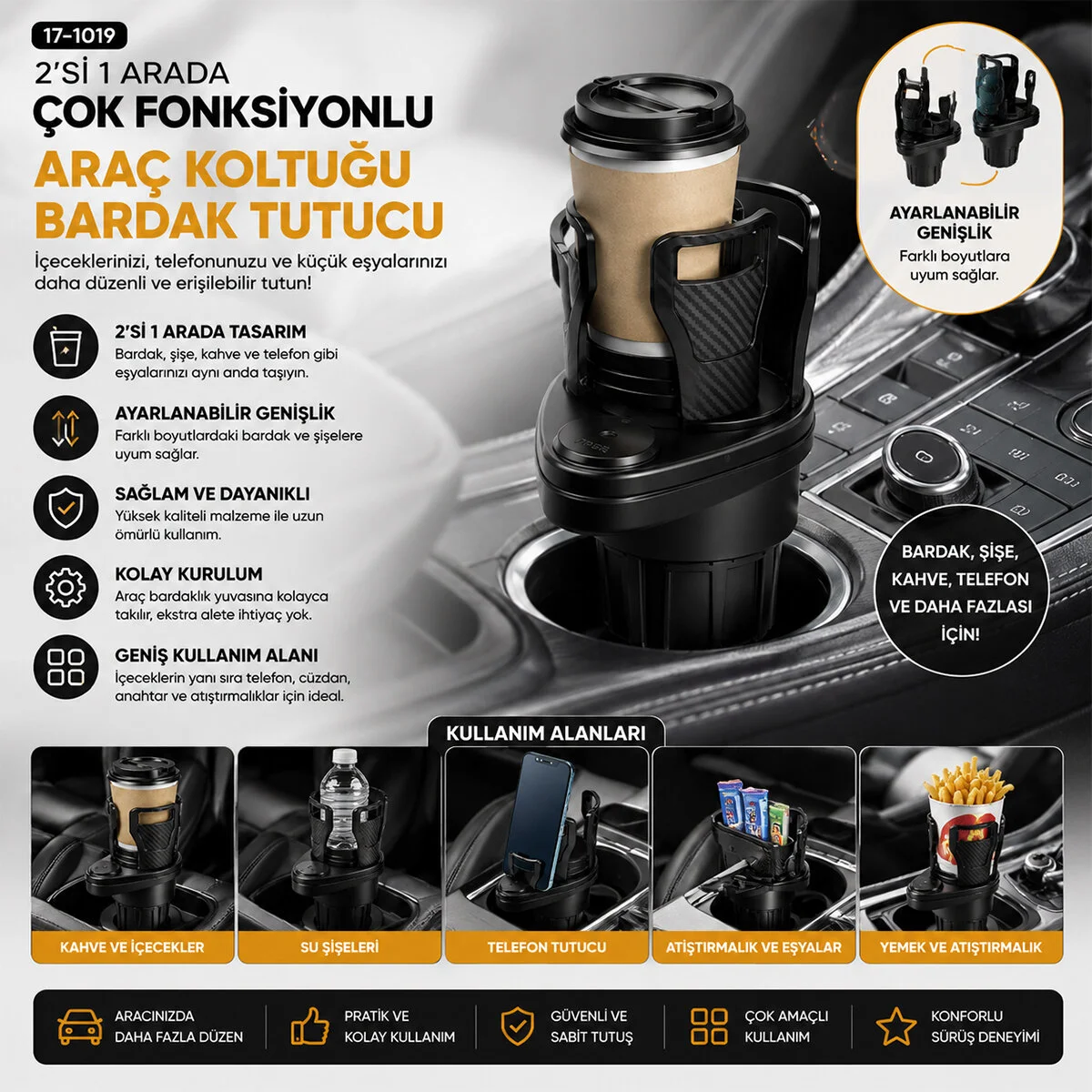 Araç İçi Çok Fonksiyonlu Bardak Tutucu - 2 Bölmeli 360° Dönebilen - Genişleyebilir Üst Hazne - Stand CWS-003 Fiyatı, Yorumları ve Özellikleri