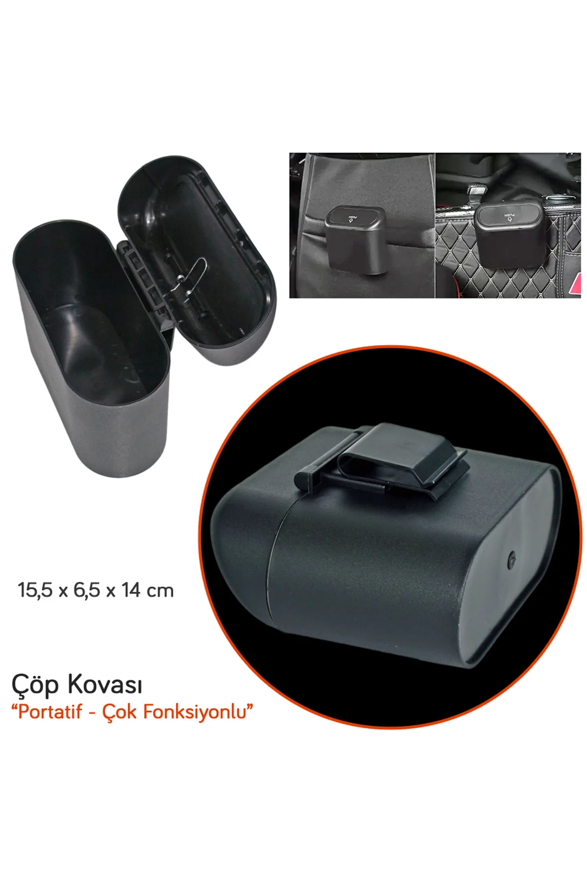 Araç İçi Çöp Kovası Kapaklı Siyah