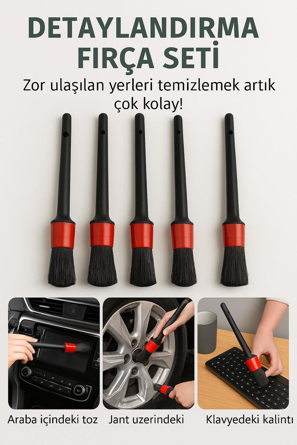 Araç İçi Detay Temizlik Fırça Seti – 5 Parça Jant, Torpido ve Hav