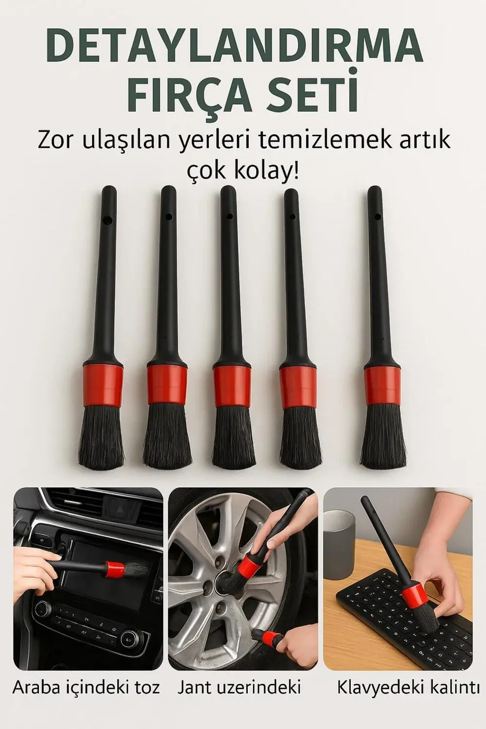 Araç İçi Detay Temizlik Fırça Seti – 5 Parça Jant, Torpido ve Hav