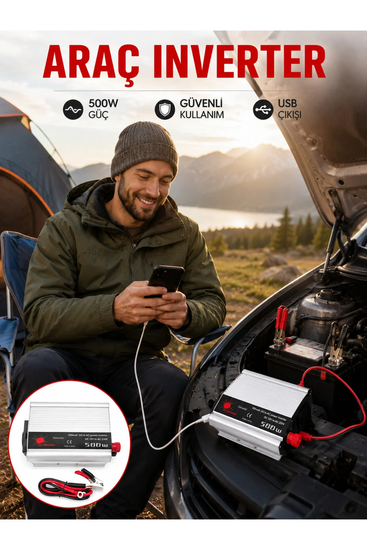 Araç İçi Elektrik Dönüştürücü 500W Priz İnvertör