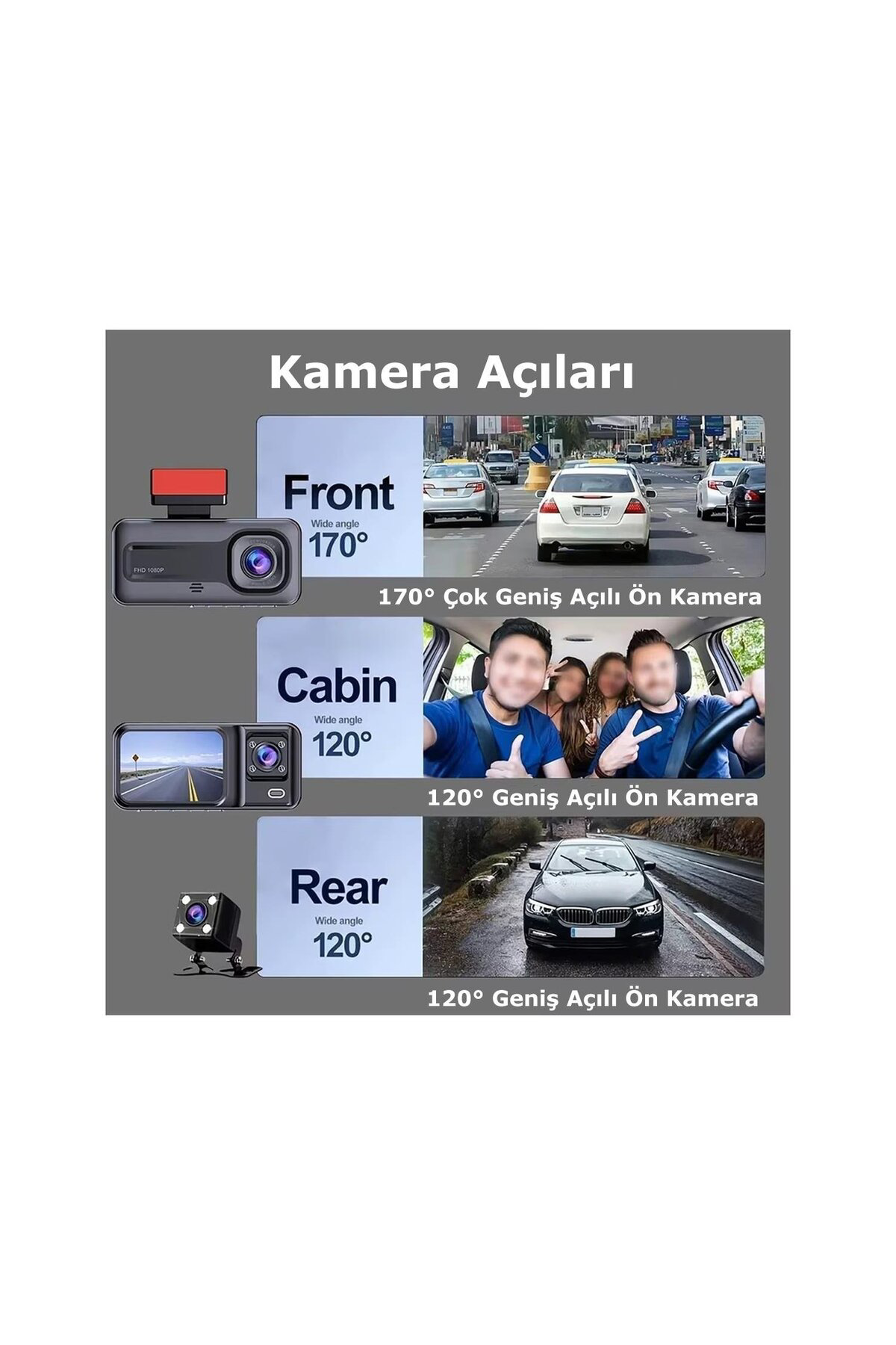 Araç İçi FullHD 3 Kameralı A98 170° Derece Açılı Yol Takip, İç Me Araç İçi FullHD 3 Kameralı A98 170° Derece Açılı Yol Takip, İç Me