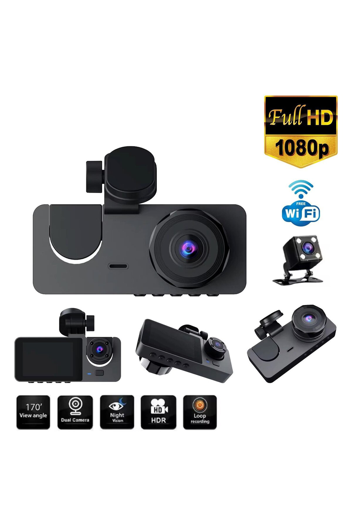 Araç İçi FullHD 3 Kameralı Y15 170° Derece Yol Takip, İç Mekan ve