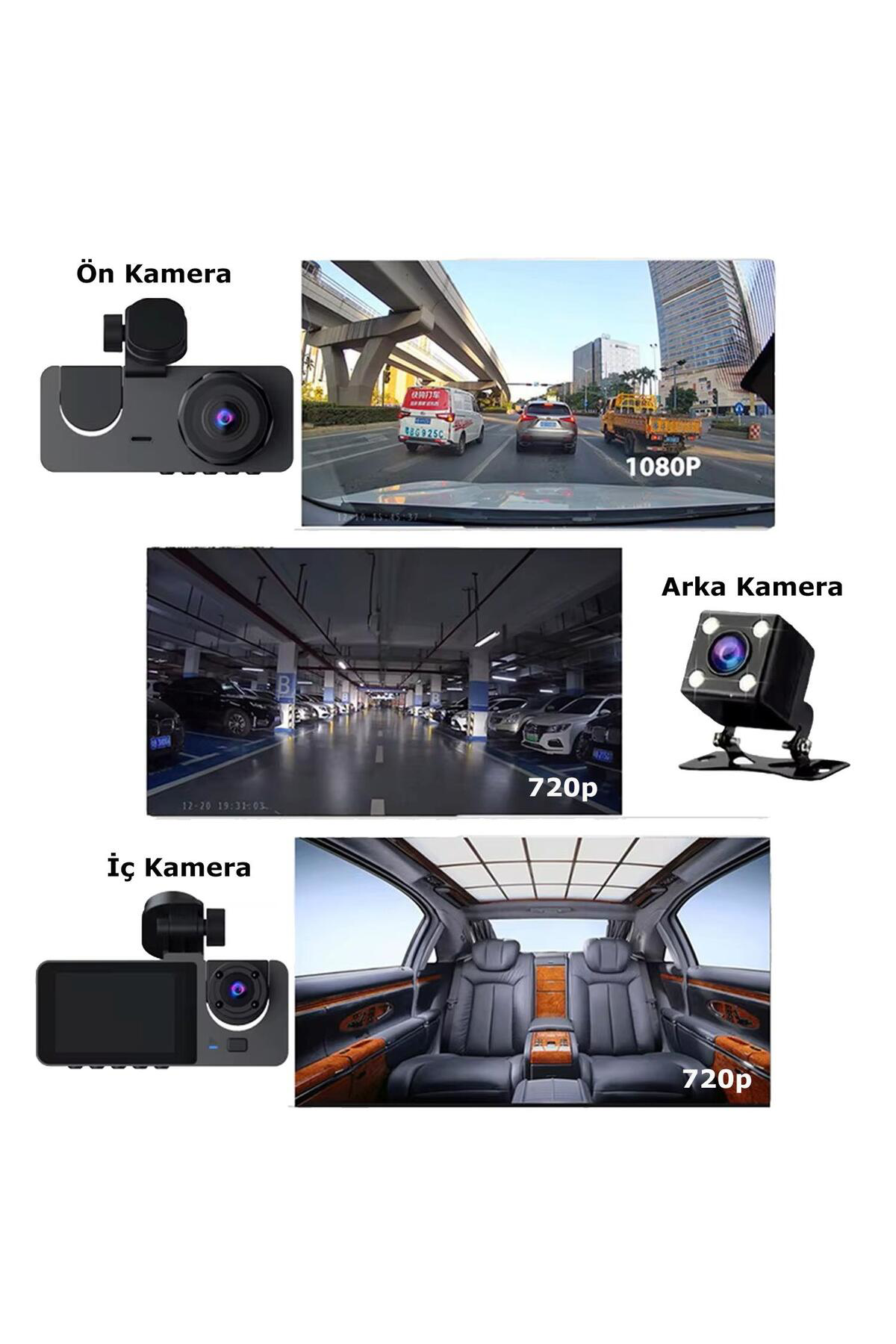 Araç İçi FullHD 3 Kameralı Y15 170° Derece Yol Takip, İç Mekan ve