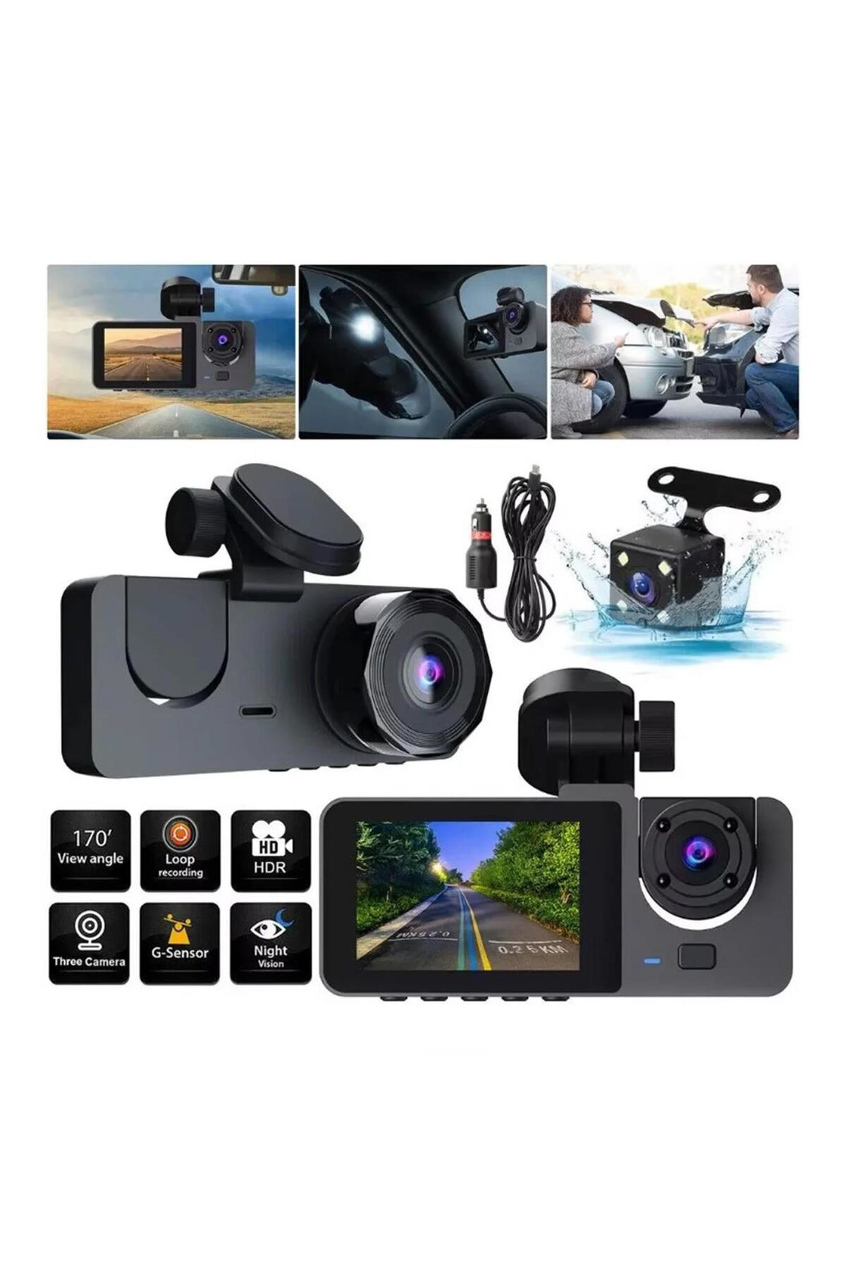 Araç İçi FullHD 3 Kameralı Y15 170° Derece Yol Takip, İç Mekan ve