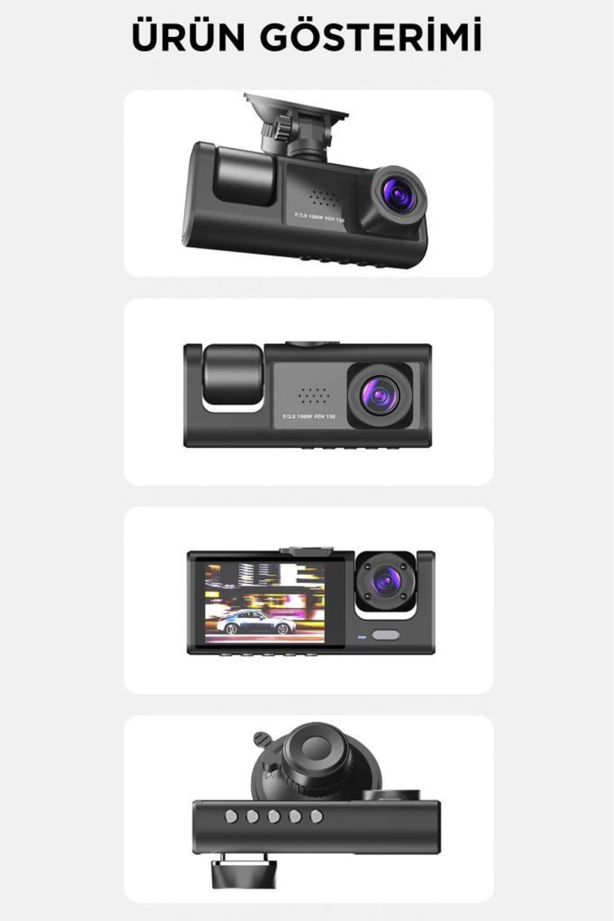 Araç İçi Kamera Gece Görüşlü LCD Ekranlı 1080P 3 Kameralı Araç Ka