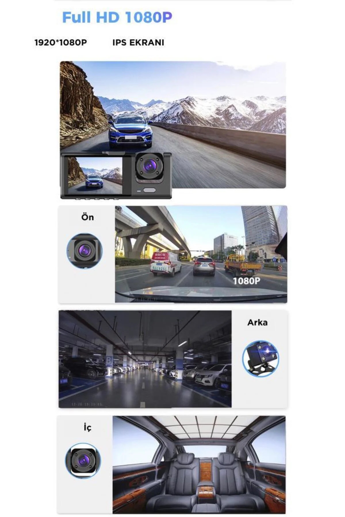 Araç İçi Kamera Gece Görüşlü LCD Ekranlı 1080P 3 Kameralı Araç Ka