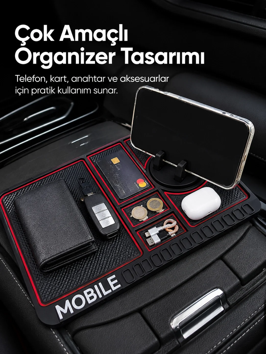 Araç İçi Kaydırmaz Organizer Mat Telefon Standlı Çok Amaçlı Konsol Düzenleyici