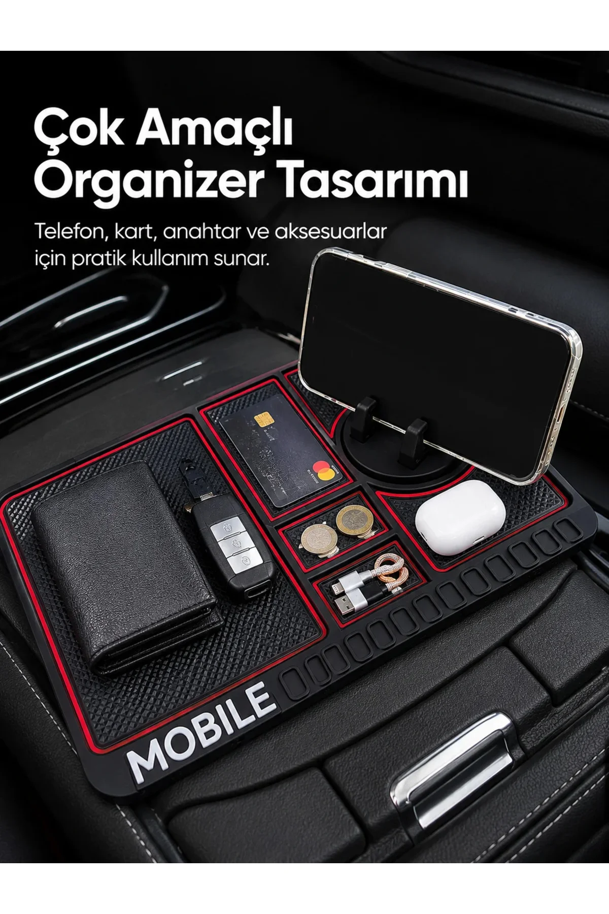 Araç İçi Kaydırmaz Organizer Mat Telefon Standlı Çok Amaçlı Konsol Düzenleyici