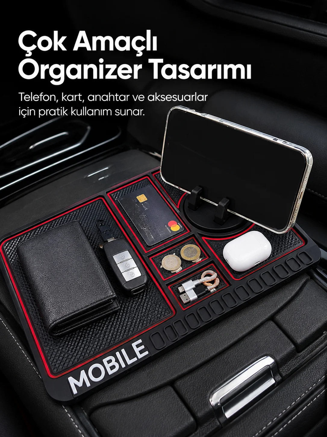 Araç İçi Kaydırmaz Organizer Mat Telefon Standlı Çok Amaçlı Konsol Düzenleyici
