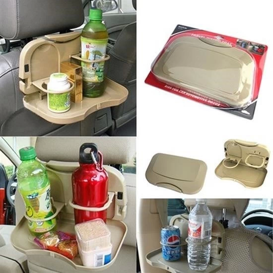 Araç İçi Koltuk Arkası Katlanabilir Bardak Tutuculu Bej Tepsi