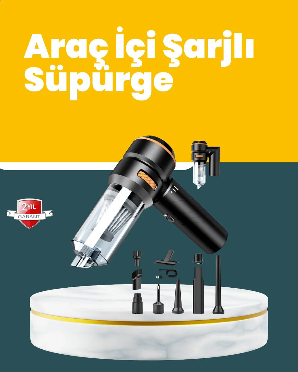 Araç İçi Kompakt El Süpürgesi - Kablosuz 2‑in‑1 Vakum & Üfleme, 15.000 PA Emiş Gücü