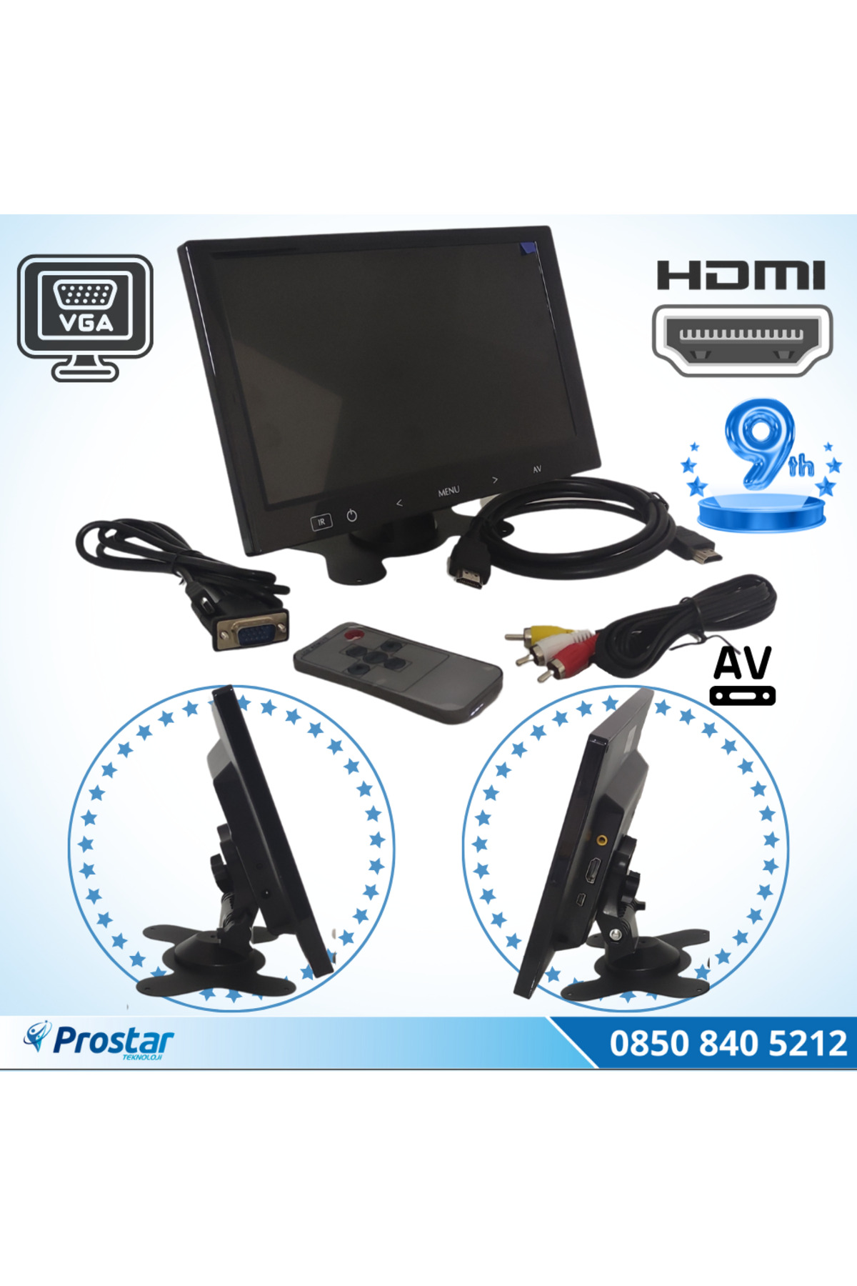 Navistar Araç İçi Monitör 9" Vga Hdmı Av Girişli Tft Lcd Büyük Ekran