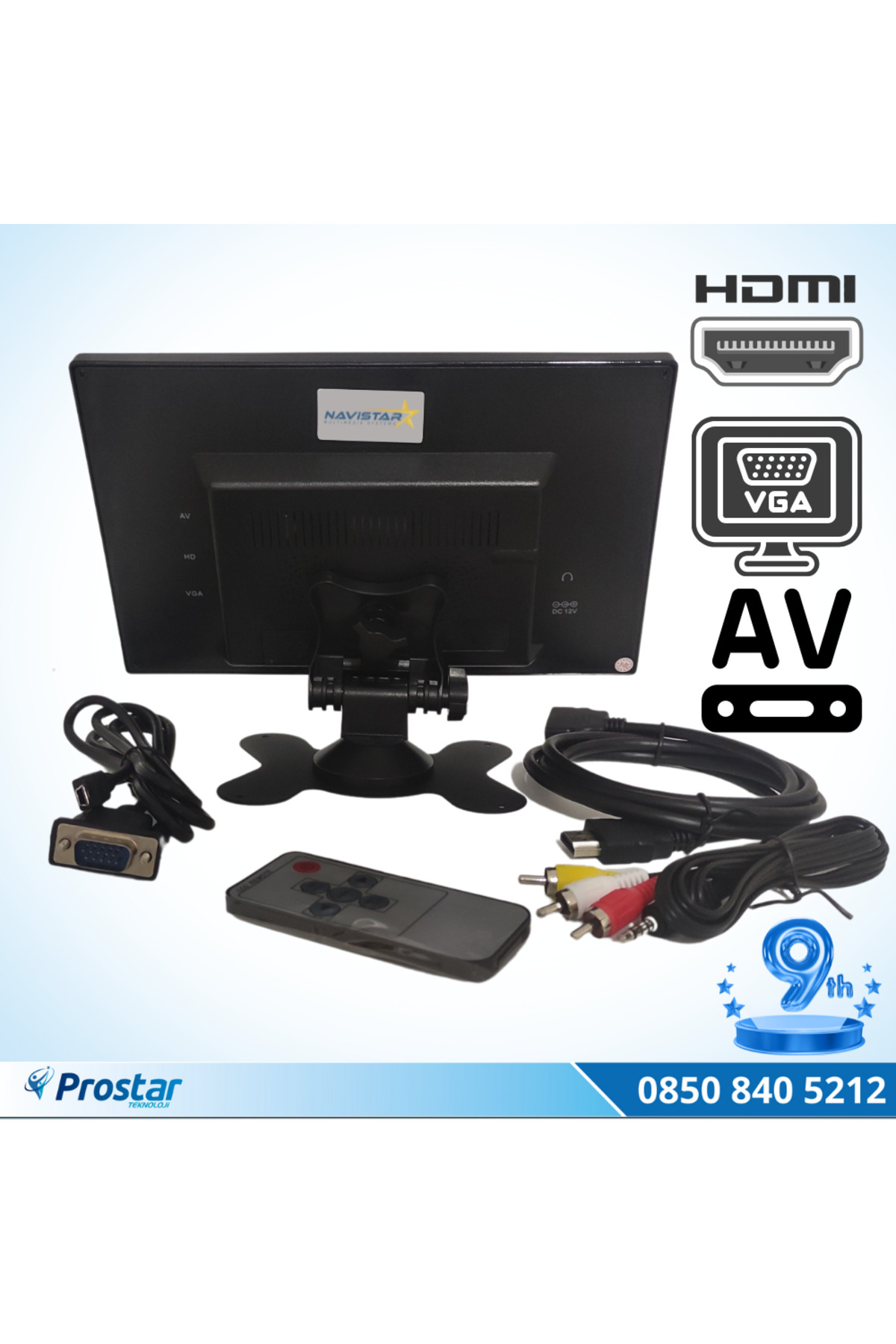 Navistar Araç İçi Monitör 9" Vga Hdmı Av Girişli Tft Lcd Büyük Ekran