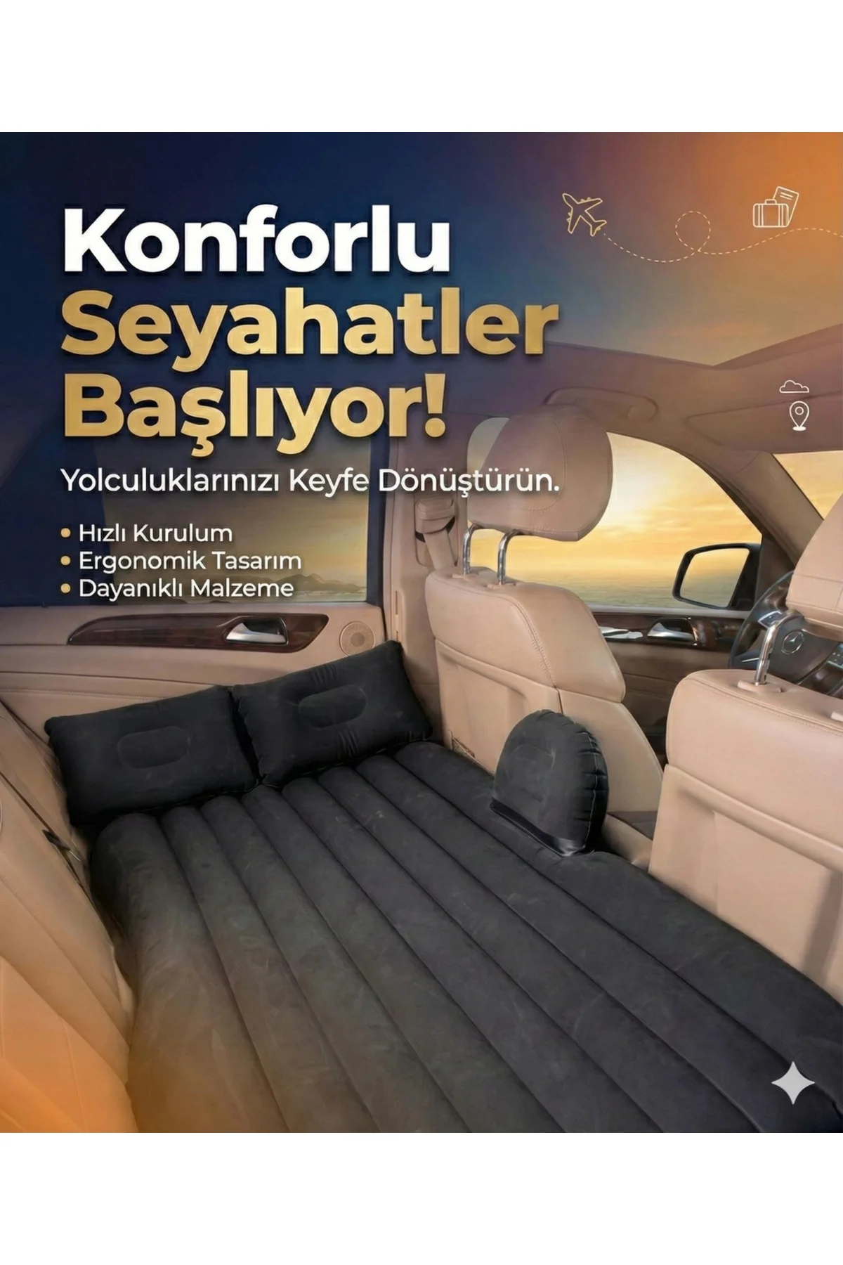 Araç İçi Şişme Yatak Araba Ve Kamp Yatağı Çanta Elektrikli Pompa Tamir Kiti Ve Yastıklı Yatak Seti - Görsel 3