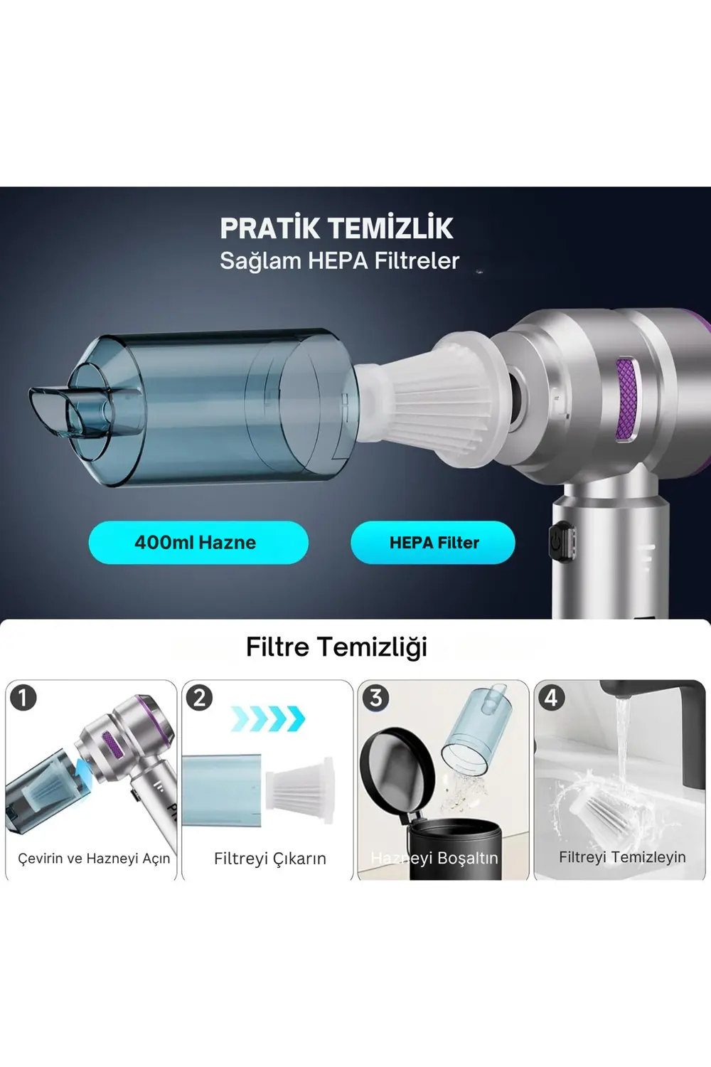 Araç İçi Süpürge 20.000PA Basınçlı Üfleme ve Çekme Süpürgesi 12 P