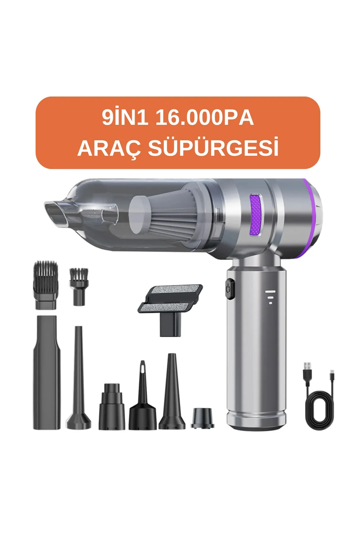 Araç içi süpürge şarjlı gümüş 0-250 watt 71-80 dba 2 yıl garantili 2-3 saat şarj süresi