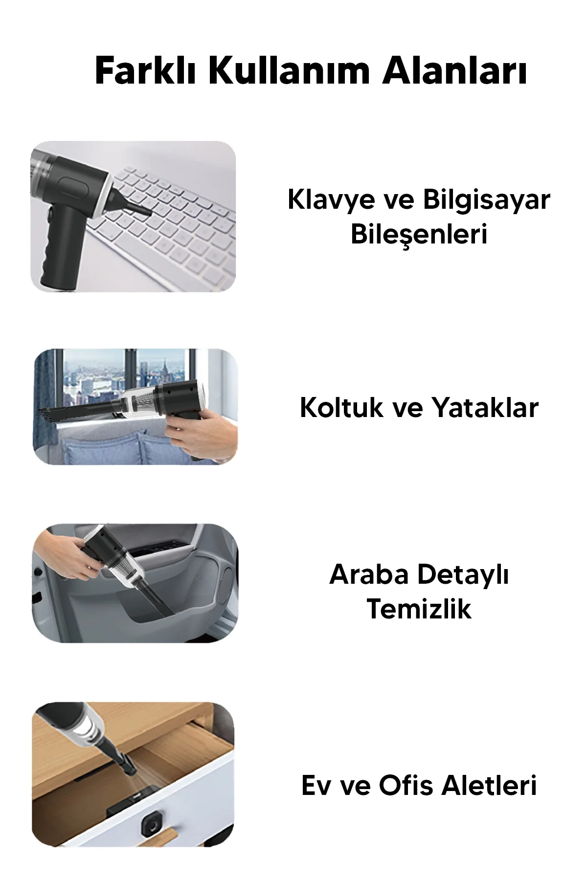 Araç içi süpürge siyah 0-250 watt 5-10 dba ses seviyesi 1-2 saat şarj 2 yıl garantili