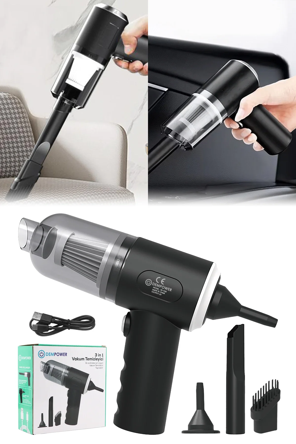 Araç içi süpürge siyah 0-250 watt 5-10 dba ses seviyesi 1-2 saat şarj 2 yıl garantili