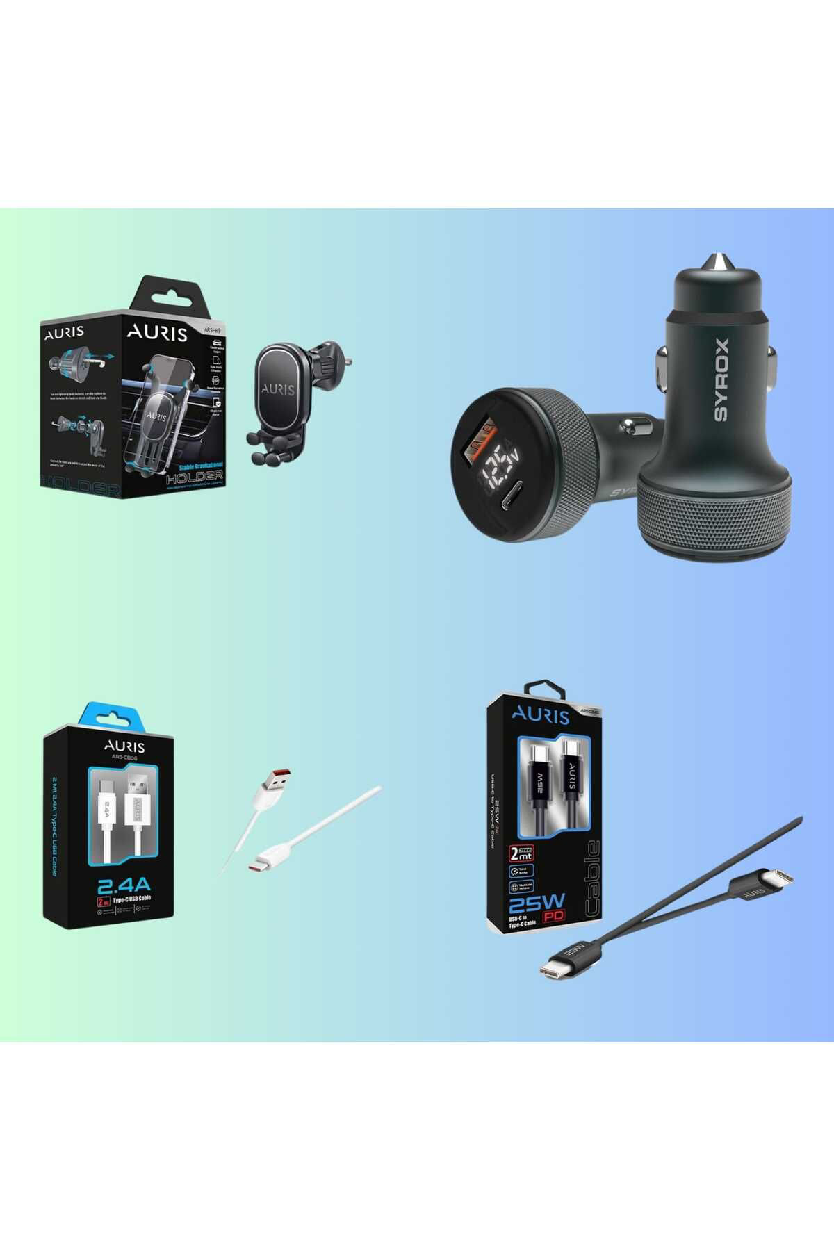 Auris Araç İçi Telefon Tutucu, Hızlı Şarj Ve Kablo Seti: Tüm İhtiyaçlar