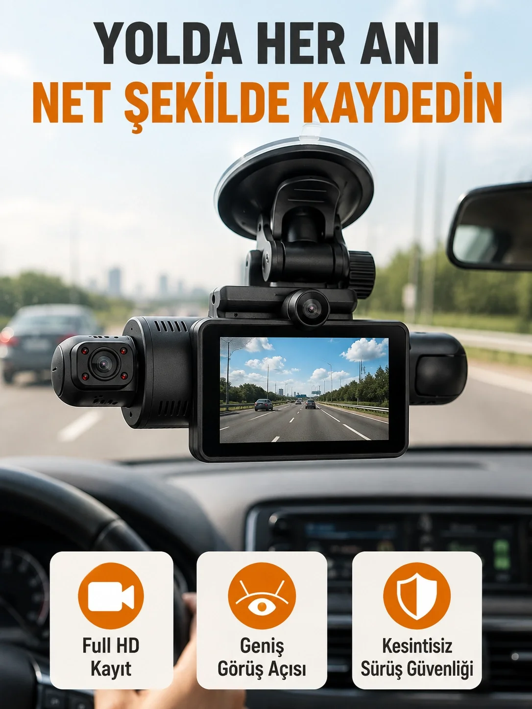 Araç İçi ve Ön Kameralı 3 İnç IPS Ekranlı Full HD Güvenlik Kamerası
