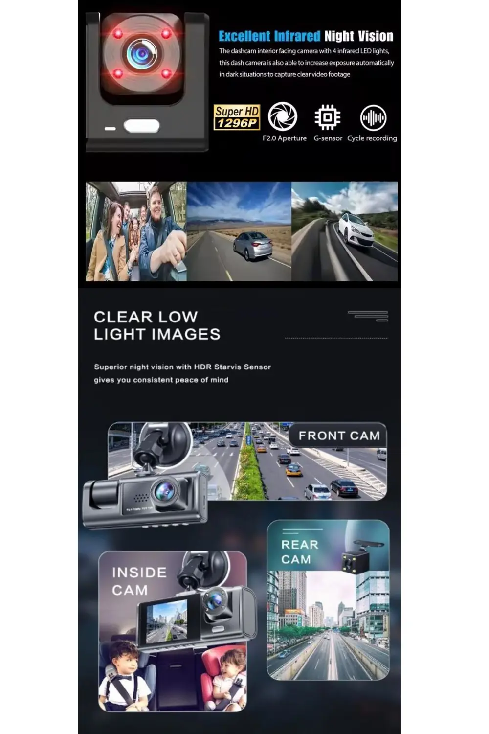 Araç İçi Wi-fi Güvenli Sürüş Kamerası Ön İç Arka 3 Kameralı G-sen Araç İçi Wi-fi Güvenli Sürüş Kamerası Ön İç Arka 3 Kameralı G-sen