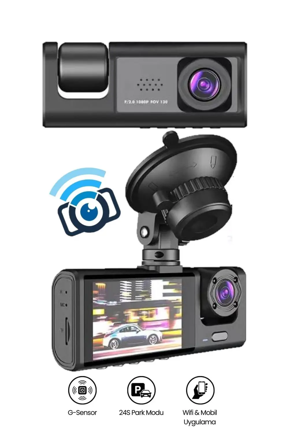 Araç İçi Wi-fi Güvenli Sürüş Kamerası SHD Ön İç 2 Kameralı G-sens