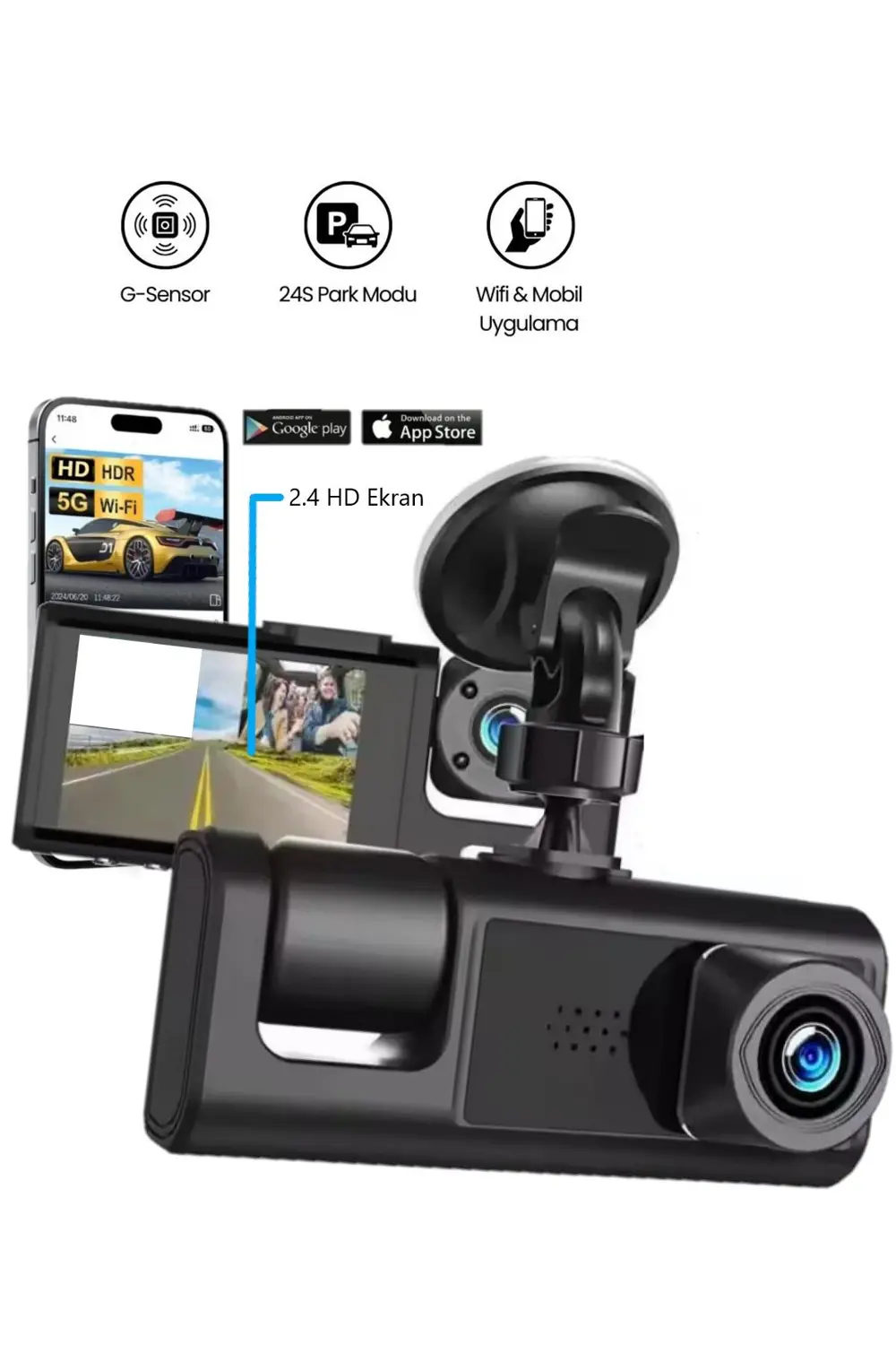 Araç İçi Wi-fi Güvenli Sürüş Kamerası SHD Ön İç 2 Kameralı G-sens