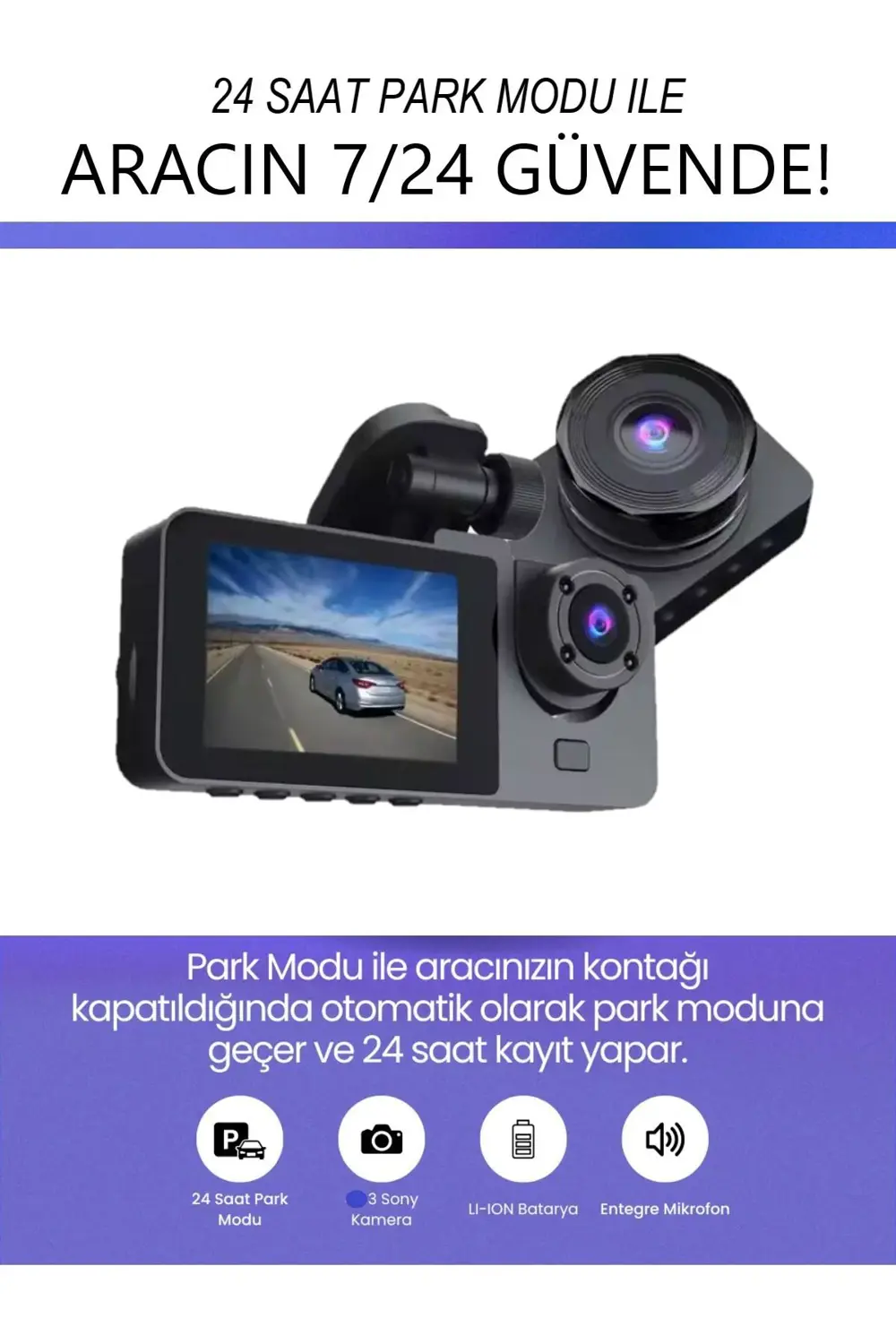 Araç İçi Wi-fi Kamera HD 3 Kameralı 7/24 Kayıt G-sensör Mobil Uyg