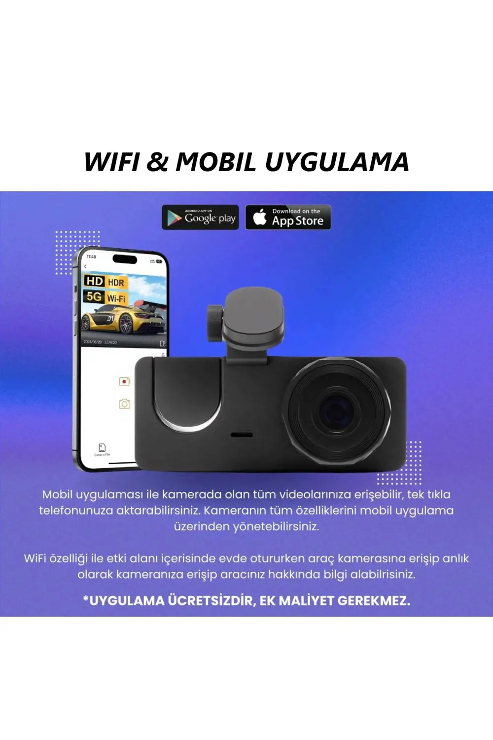 Araç İçi Wi-fi Kamera HD 3 Kameralı 7/24 Kayıt G-sensör Mobil Uyg