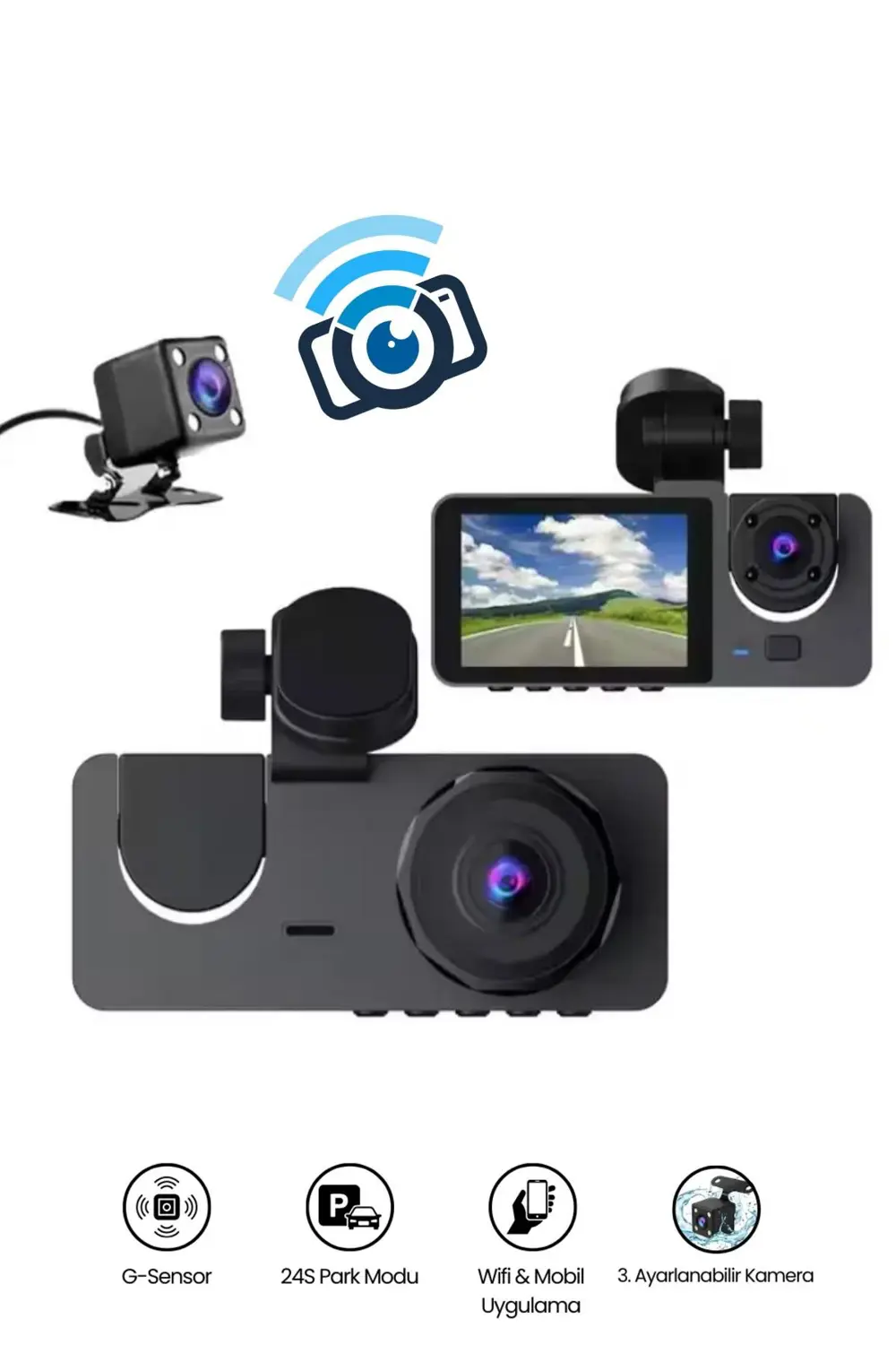 Araç İçi Wi-fi Kamera HD 3 Kameralı 7/24 Kayıt G-sensör Mobil Uyg