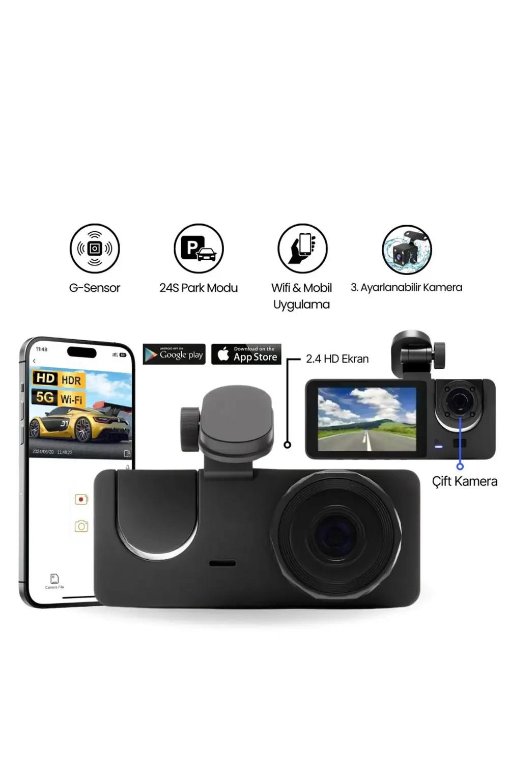 Araç İçi Wi-fi Kamera HD 3 Kameralı 7/24 Kayıt G-sensör Mobil Uyg