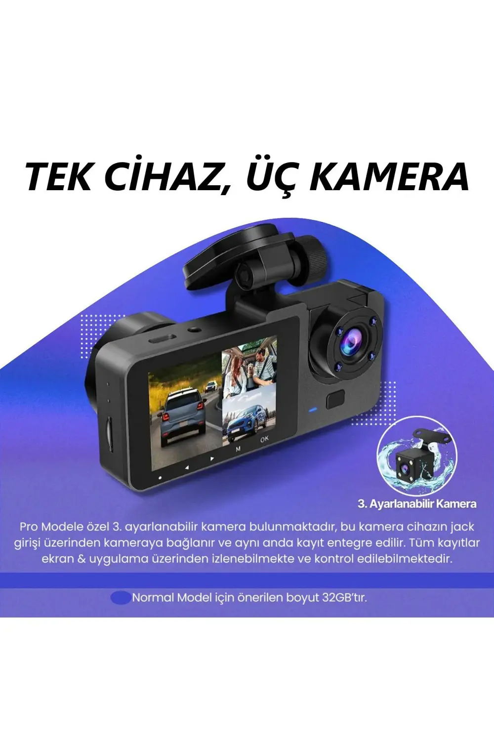 Araç İçi Wi-fi Kamera HD 3 Kameralı 7/24 Kayıt G-sensör Mobil Uyg