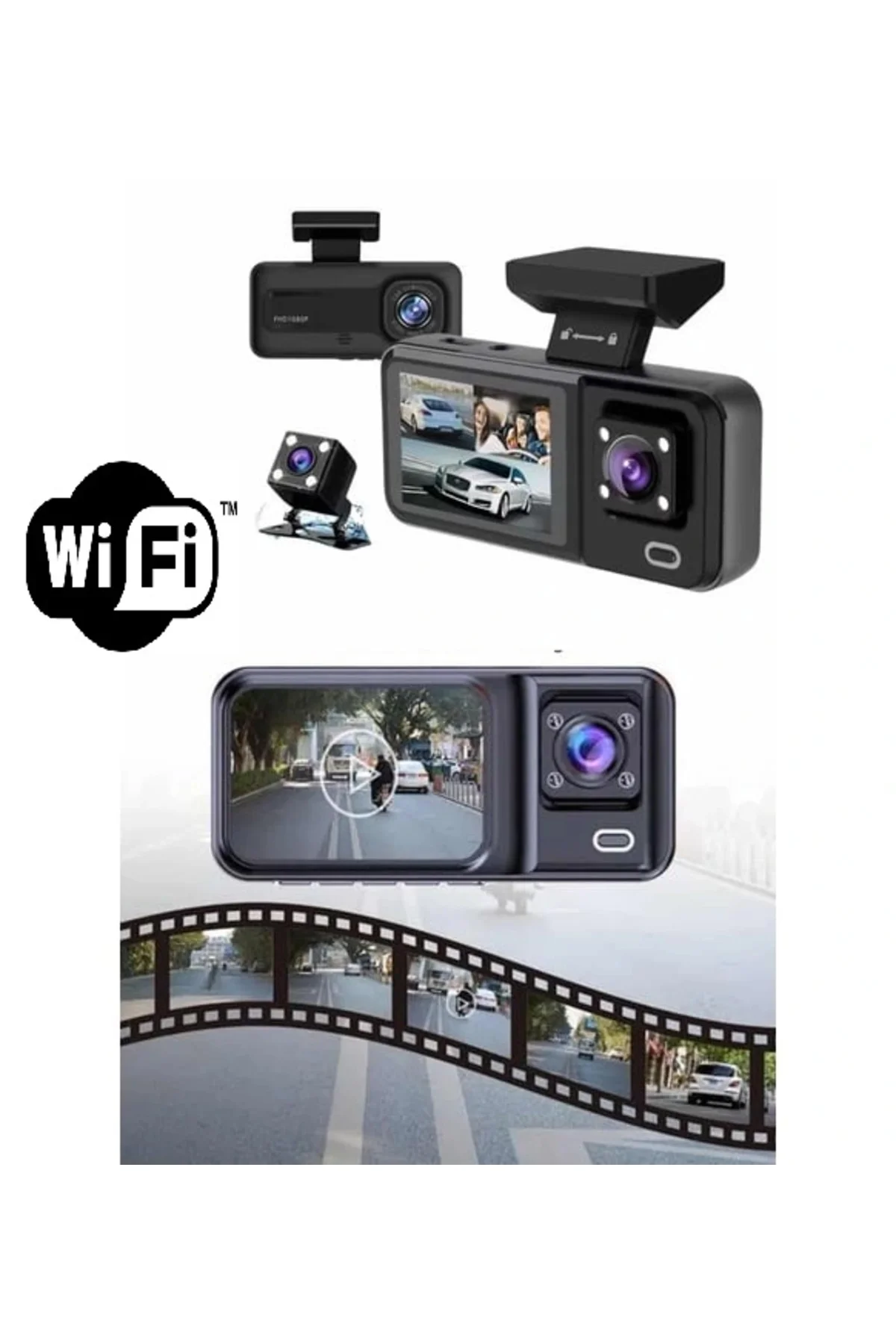 Araç Kamerası - 3 Kameralı Wifi Ön , İç Ve Arka Full Hd Dvr Araç İçi Ekranlı Kamera - Görsel 2