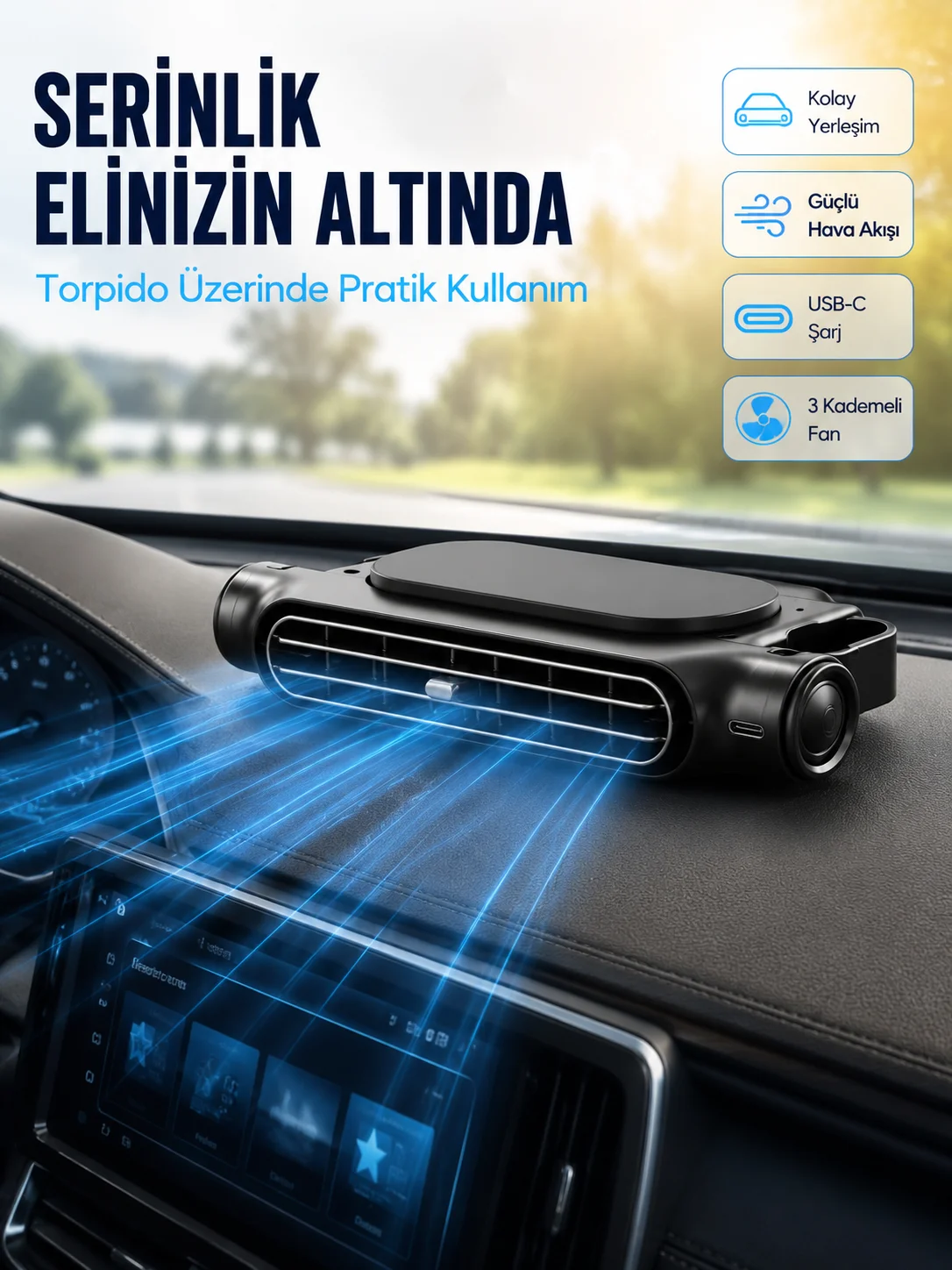Araç Koltuk Başlığı Soğutucu Fan USB Şarjlı 3 Kademeli Sessiz Boyun Serinletici