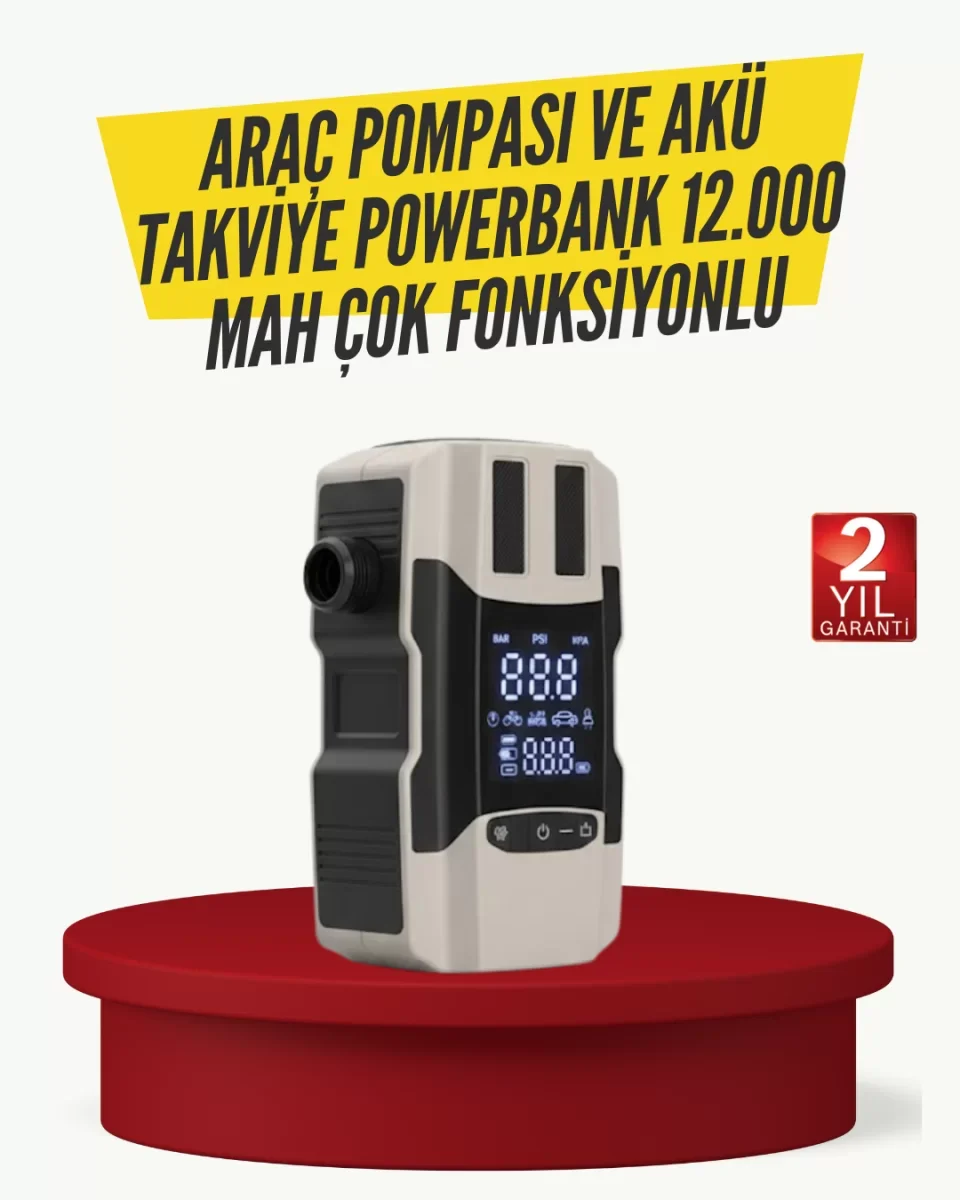 Araç Lastik Şişirme Pompası ve Akü Takviye Powerbank Bir Arada - 