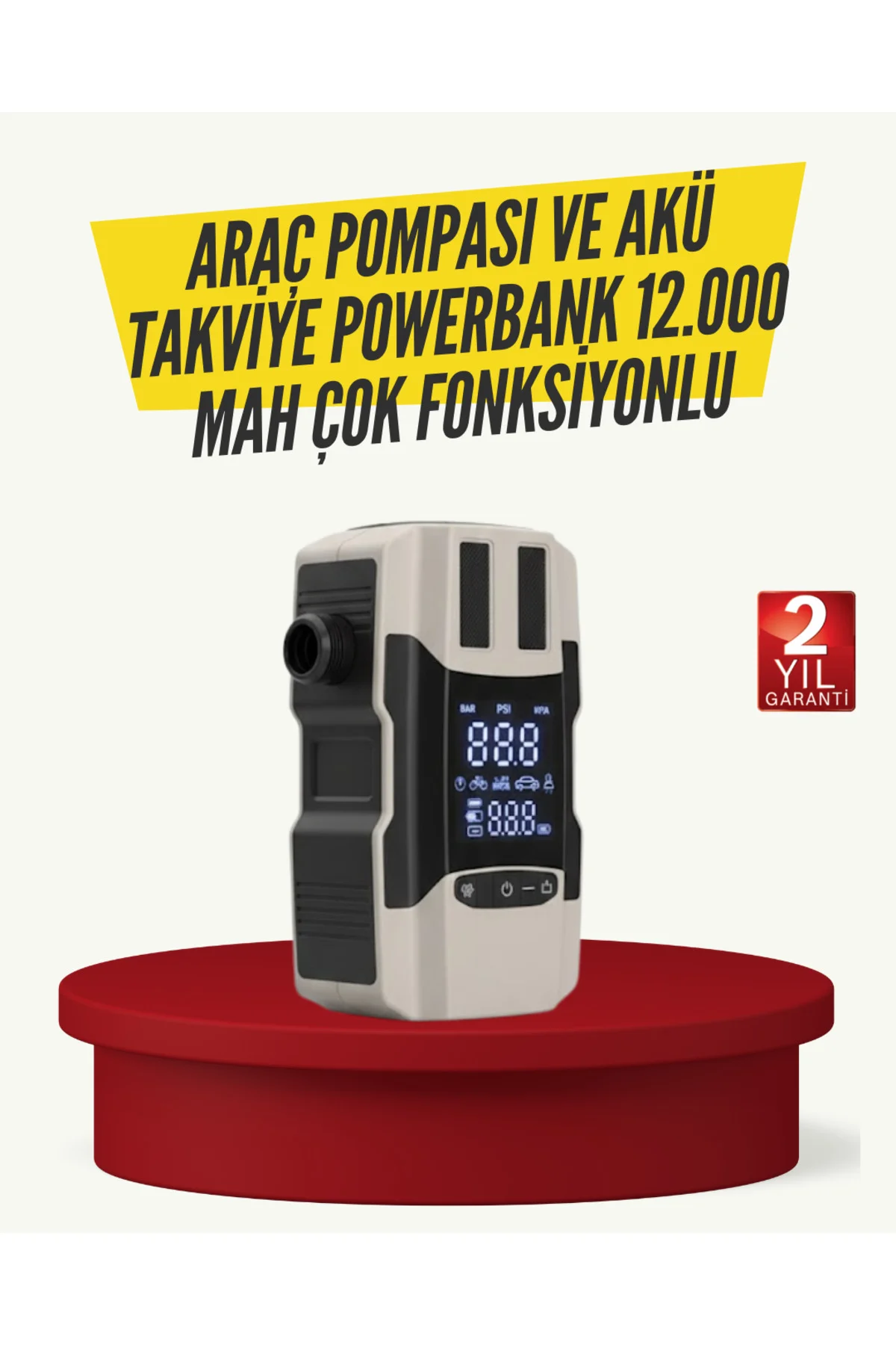 Araç Lastik Şişirme Pompası ve Akü Takviye Powerbank Bir Arada