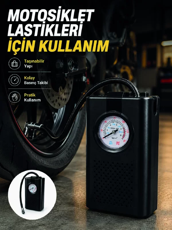 Araç Lastik Şişirme Pompası Taşınabilir Analog Basınç Göstergeli 