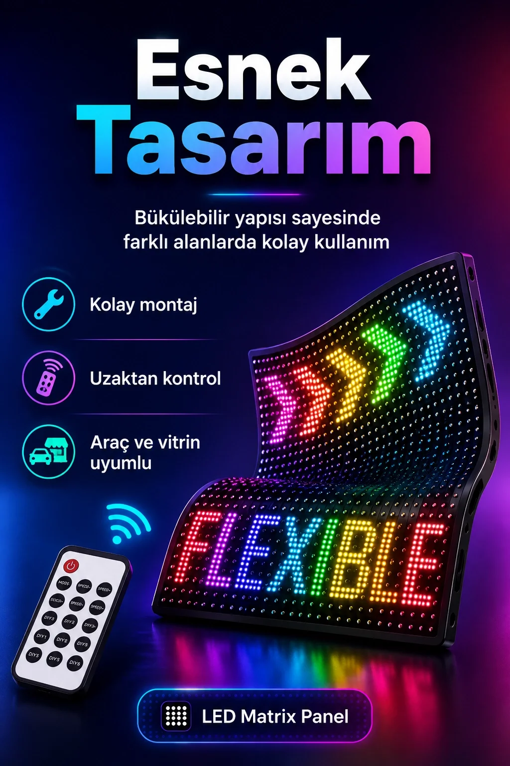 Araç Mağaza Ve Vitrin İçin Renkli LED Kayan Yazı Paneli Kumandalı Ekran