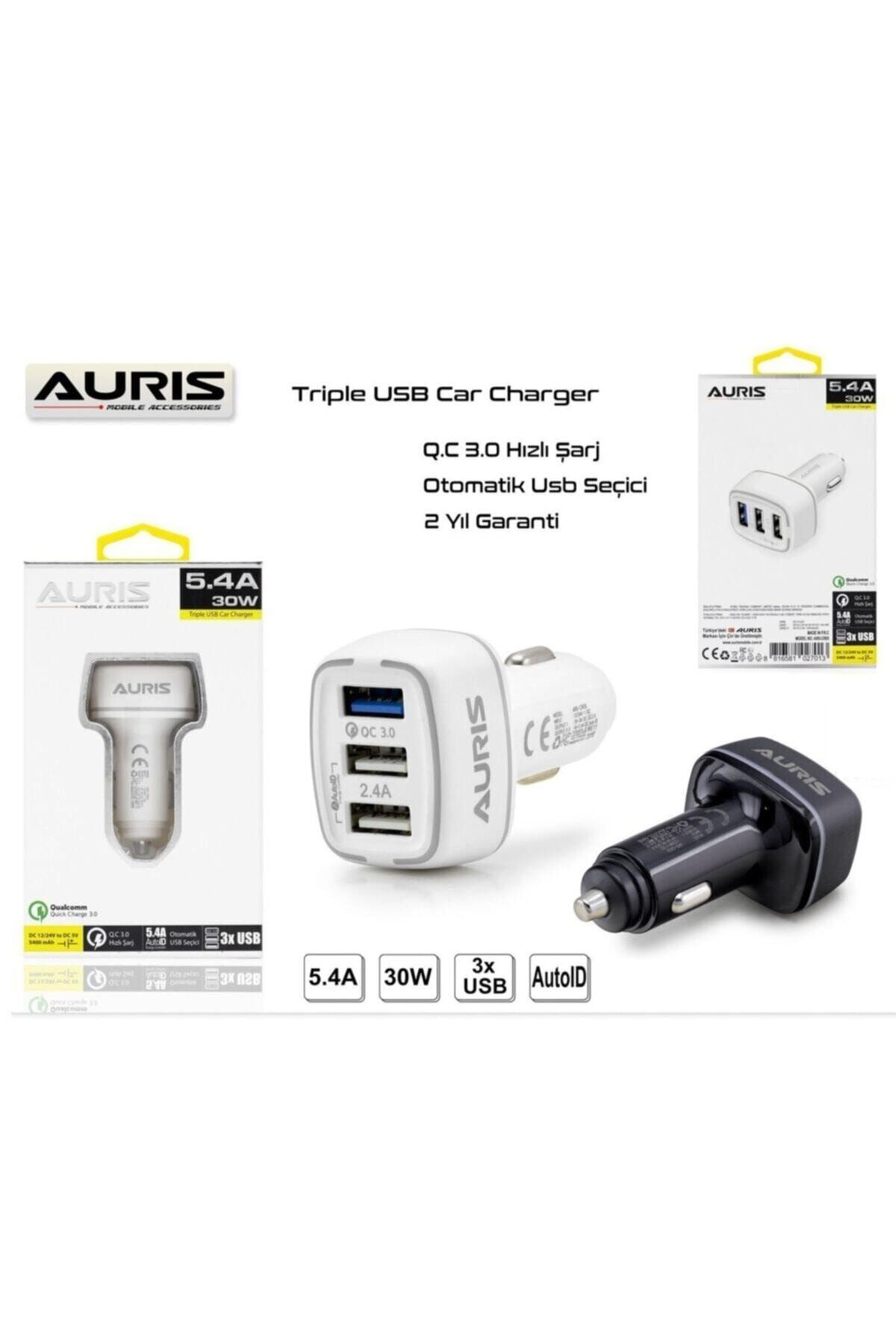 Auris Araç Şarj Cihazı Oto Çakmaklık Şarj Aleti 3 Port Usb Hızlı Şarj 5
