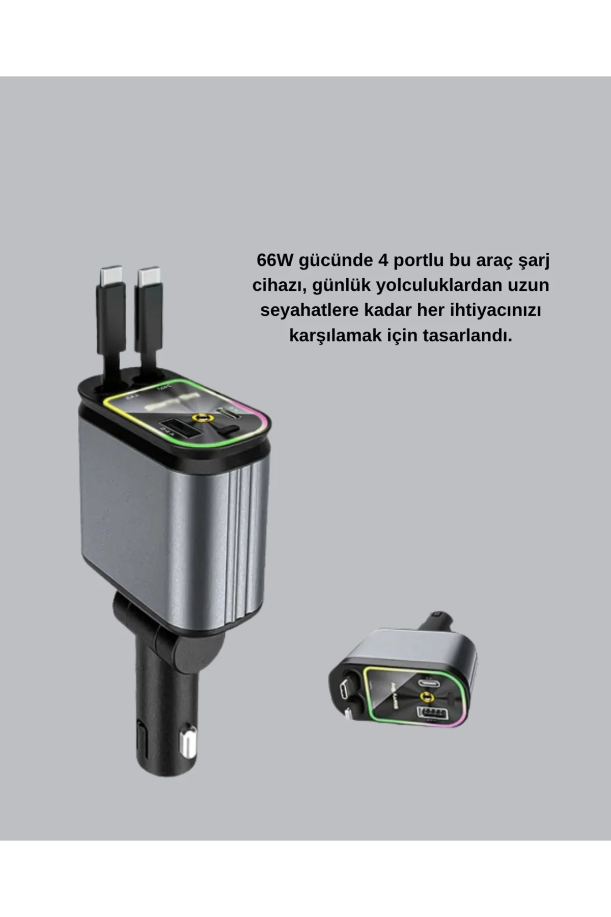 Araç Şarj Cihazı 66W 4 Portlu Hızlı Şarj ve LED Işıklı