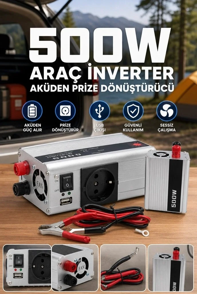 Araç ve Karavan İçin 500W 12V DC 220V AC USB Çıkışlı Fanlı İnverter Akü Güç Dönüştürücü