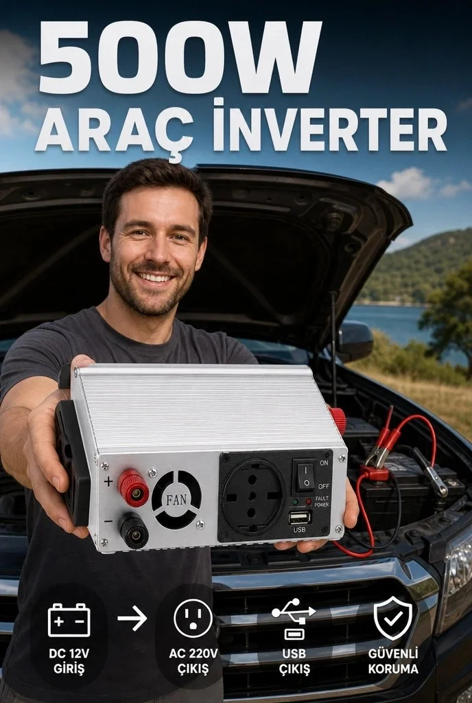 Araç ve Karavan İçin 500W 12V DC 220V AC USB Çıkışlı Fanlı İnverter Akü Güç Dönüştürücü
