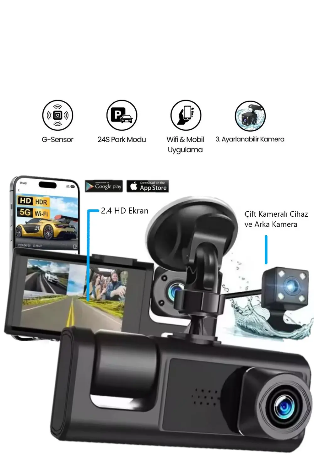 Araç Wi-fi Güvenli Sürüş Kamerası SHD Ön İç Arka 3 Kameralı G-sen Araç Wi-fi Güvenli Sürüş Kamerası SHD Ön İç Arka 3 Kameralı G-sen