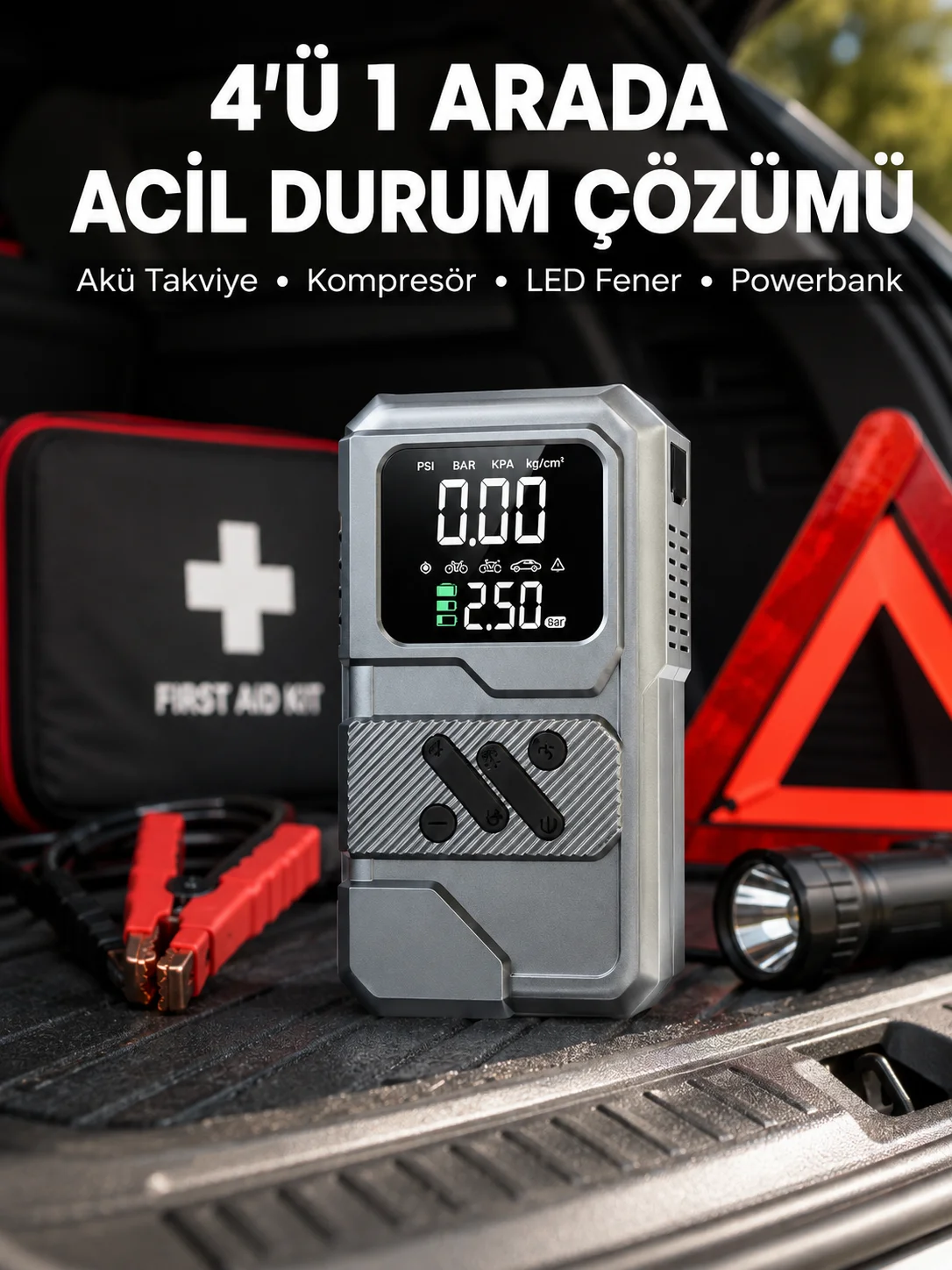Araçlar İçin Akü Takviye Lastik Şişirme ve Powerbank Cihazı