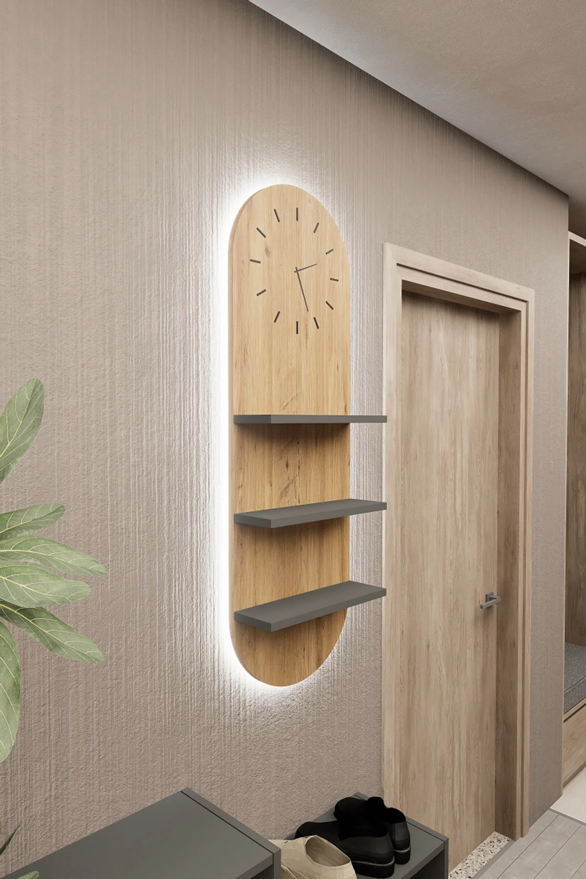 Arco LED Aydınlatmalı Duvar Saati 3 Raflı Dekoratif Duvar Saati Çam Antrasit Arco LED Aydınlatmalı Duvar Saati 3 Raflı Dekoratif Duvar Saati Çam Antrasit