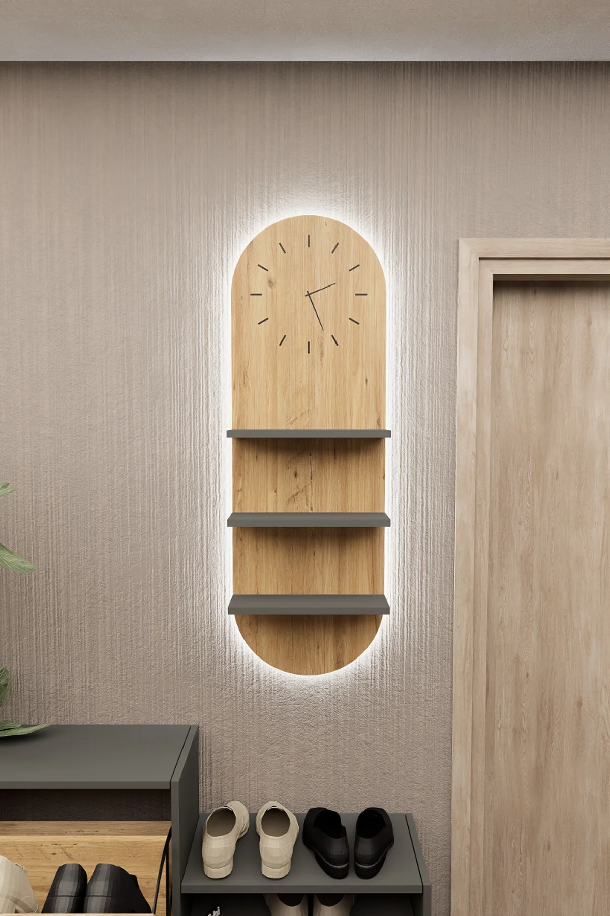 Arco LED Aydınlatmalı Duvar Saati 3 Raflı Dekoratif Duvar Saati Çam Antrasit Arco LED Aydınlatmalı Duvar Saati 3 Raflı Dekoratif Duvar Saati Çam Antrasit