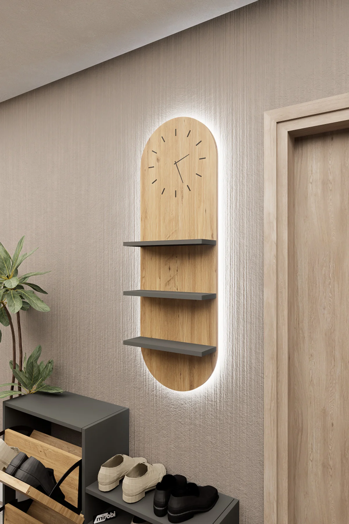 Arco LED Aydınlatmalı Duvar Saati 3 Raflı Dekoratif Duvar Saati Çam Antrasit Arco LED Aydınlatmalı Duvar Saati 3 Raflı Dekoratif Duvar Saati Çam Antrasit