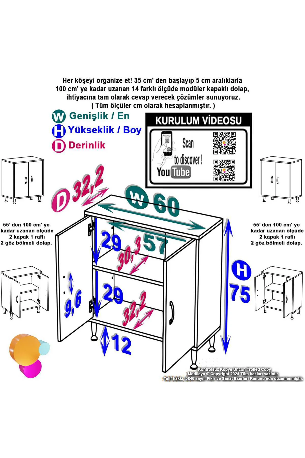 Arden 60 cm Beyaz 2 Bölmeli Banyo Düzenleyici Dolap 1 Raflı Çok A