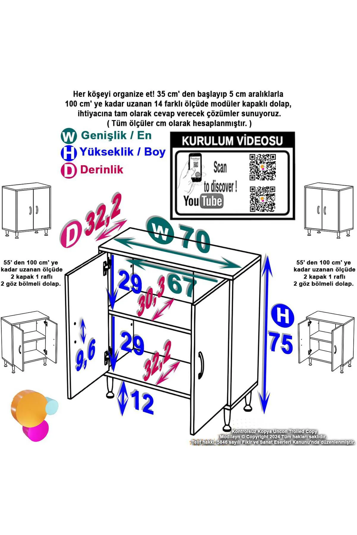 Arden 70 cm Beyaz 2 Bölmeli Banyo Düzenleyici Dolap 1 Raflı Çok A
